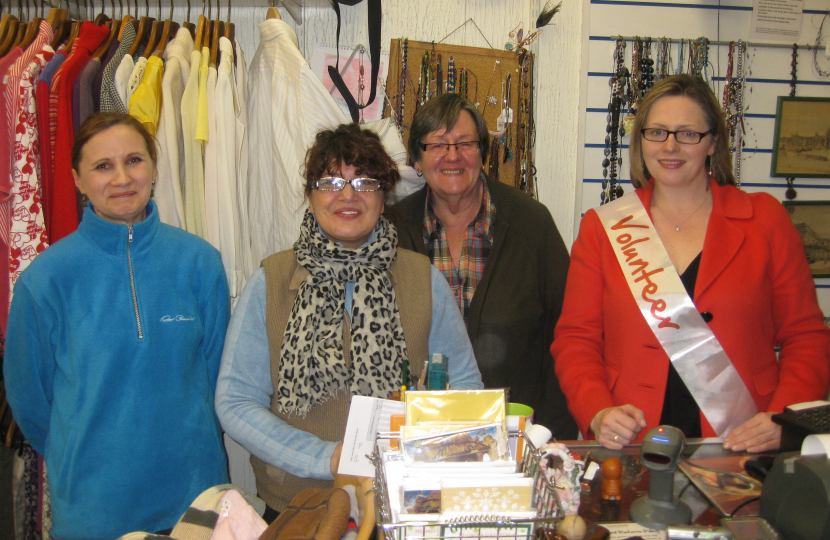 Mary Macleod volunteering at the Trinity Hospice Charity shop in Chiswick